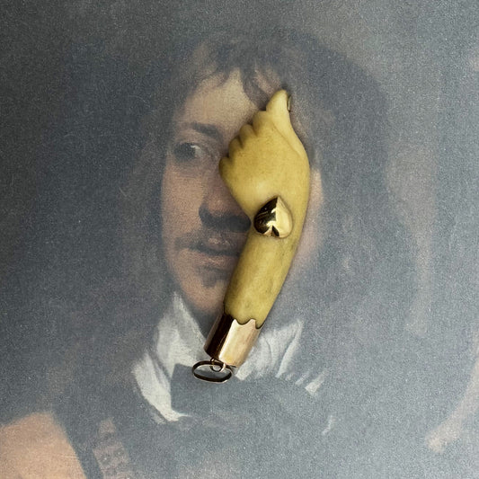 1950s Bone Fist Pendant in 14k Gold, Vintage Ex-Voto Amulet with Heart & Nails, Carved Bone Charm, Rare Symbolic Antique Jewellery