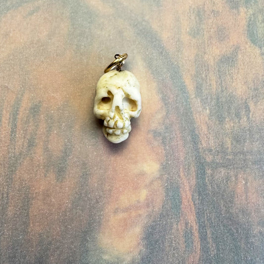 Antique 9k Gold Skull Pendant, Victorian White Coral Memento Mori Charm, Hand Carved Skull, 1800s Neapolitan Italy, 19th Century Jewelry