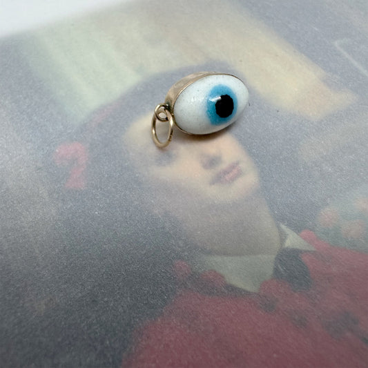 Vintage 9k Gold Evil Eye Charm, Double-Sided Glass Amulet, 1950s Talisman Pendant