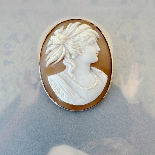 Antique Vintage 14k Gold Shell Cameo Brooch, Victorian Revival Italian Cameo Pin, Classical Lady Portrait Jewelry, 11 grams