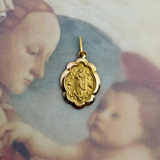 Vintage 18k Gold Virgin Mary Medal, Immaculate Conception Pendant, Our Lady of Grace Religious Charm