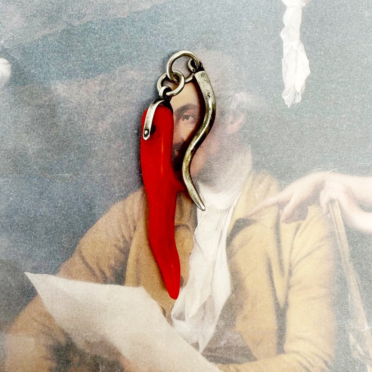 Antique Coral & Silver Amulet, Italian Talisman Charm, Natural Mediterranean Coral Horn, Evil Eye Good Luck Pendant