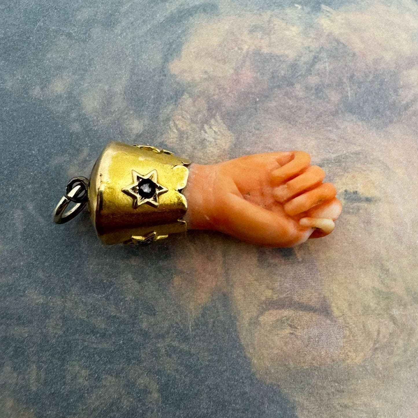 Antique 18k Gold Mediterranean Coral Figa Charm, Victorian Lucky Amulet Diamonds