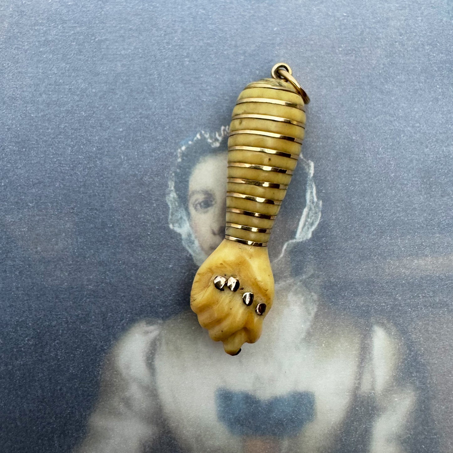 Antique Victorian 18k Gold Bone Figa Charm, Mano Fico Lucky Talisman Pendant