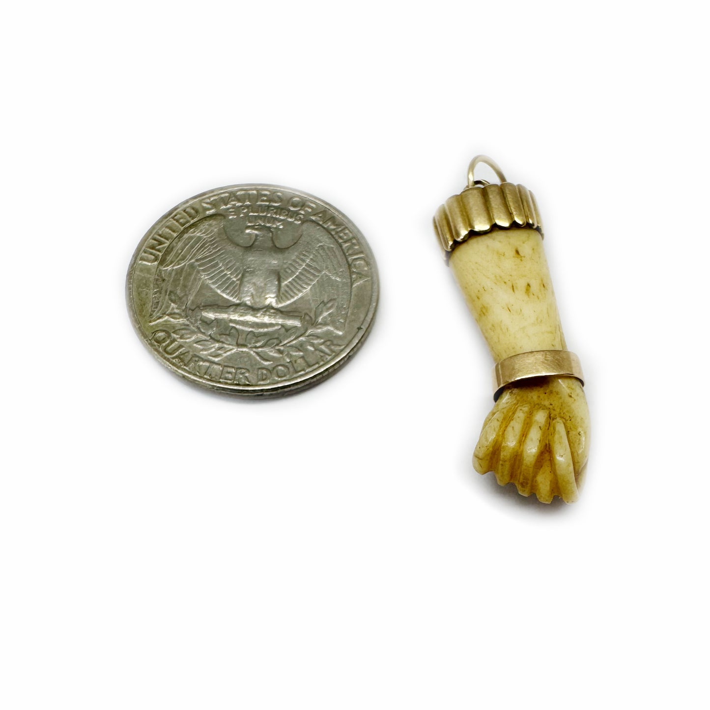 Antique Victorian 14K Gold Bone Figa Hand Charm, 19th Century Talisman Pendant, Amulet for Protection