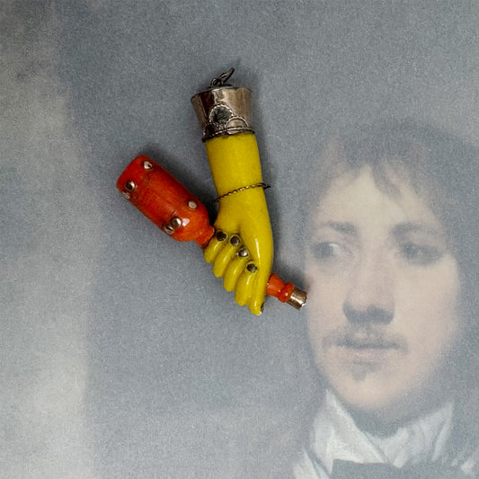 Vintage Mid-Century Resin Mano Fico Amulet with Bottle Charm, Rose-Gold Plated Setting, Folk Art Talisman, Curious Ex-Voto Style Pendant