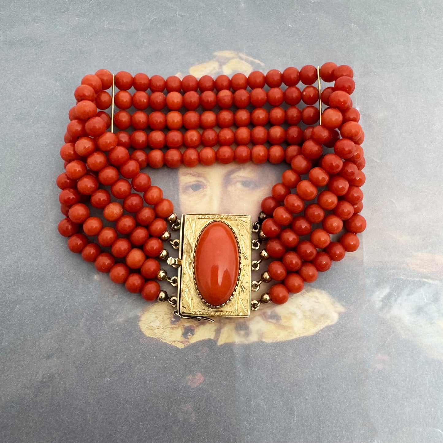 Vintage 14k Gol Coral Bracelet, 4-strand red  Natural Mediterranean Coral  beads  Italian Jewelry