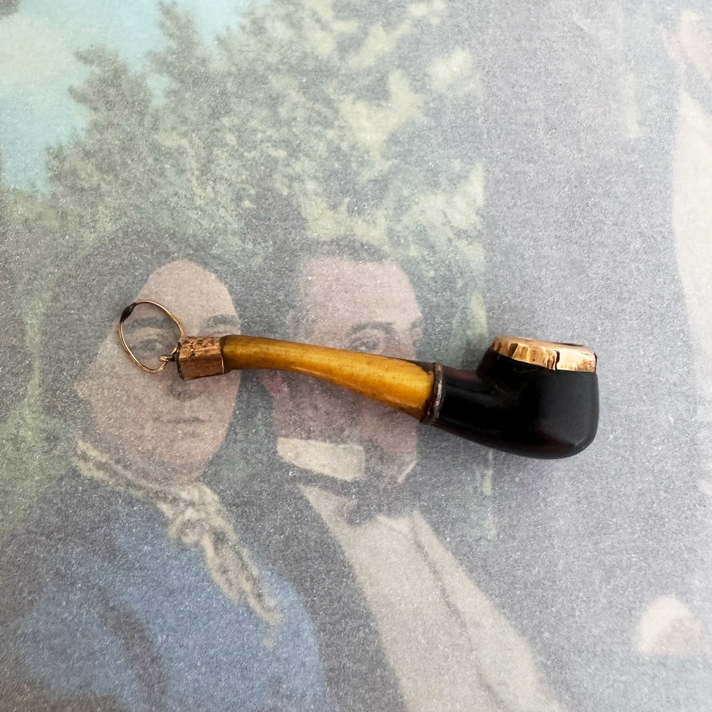 Vintage Stained Horn Pipe Charm Pendant 1950s, Gold Plated Tobacco Pipe Fob Miniature, Smoking Pipe Charm Gent Gift