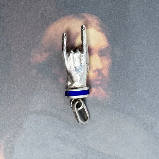 Vintage Italian Mano Cornuta Charm, 800 Silver Horned Hand Blue Enamel Evil Eye, Mid-Century Pendant