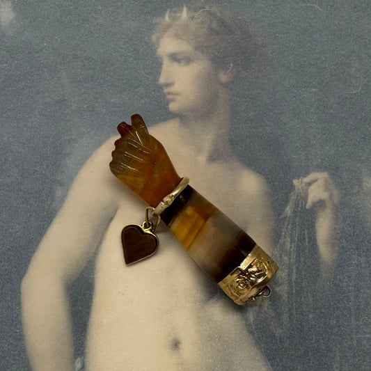 Vintage 10k Gold Agate Figa Pendant, Tiger Eye Heart, Mano Fico Charm, Antique Protection Amulet
