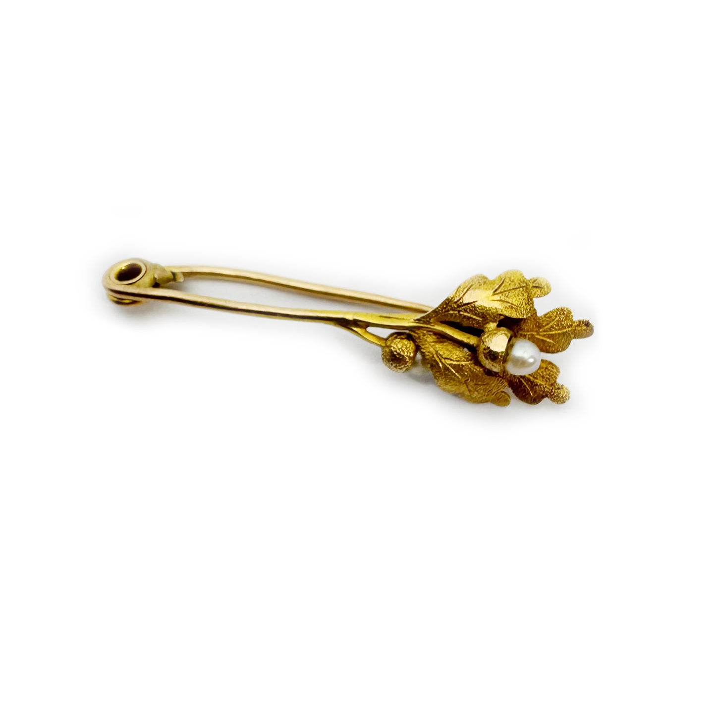 Victorian 15k Gold Pearl Brooch, Antique Oak Leaf & Acorn Bar Pin, 15 ct Gold Natural Pearl Jewelry, 1800s