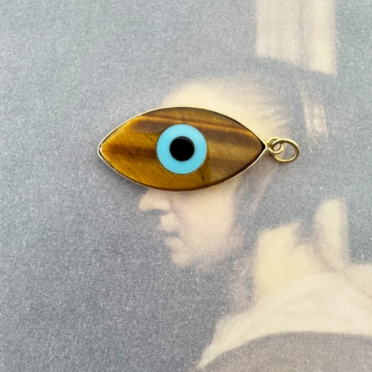 Vintage 18K Gold Tiger's Eye Evil Eye Charm Pendant, Lucky Protection Talisman, Blue Eye Amulet, Italian Gold Nazar Pendant, Tiger Eye