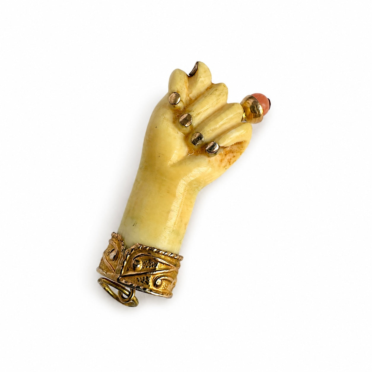 Antique Victorian Bone Figa Hand Pendant, 14k Gold & Coral Mano Fico Amulet, Lucky Talisman, Evil Eye Protection, Figa Charm