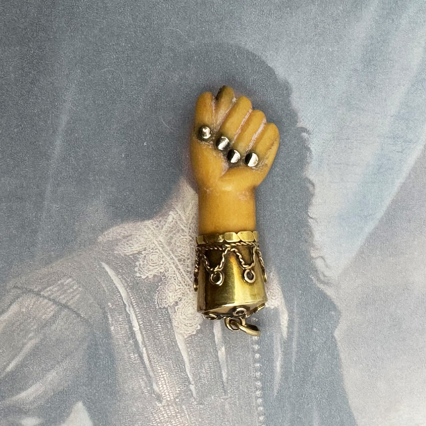 Antique Victorian Bone Figa Mano Fico Pendant, 18k Gold Mounted Hand Amulet, c.1800s Lucky Charm