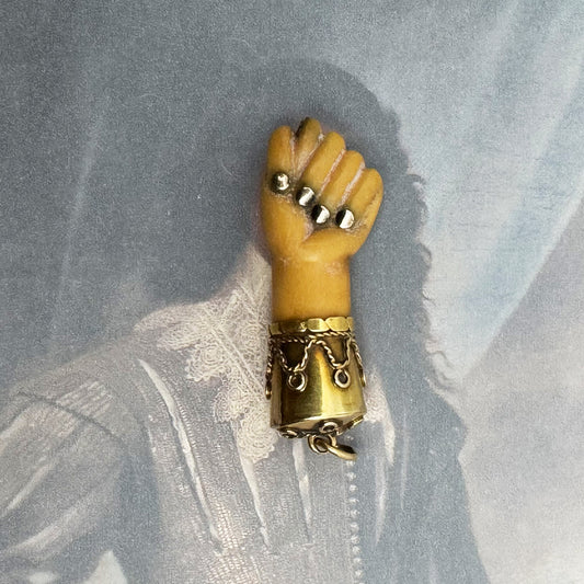 Antique Victorian Bone Figa Mano Fico Pendant, 18k Gold Mounted Hand Amulet, c.1800s Lucky Charm