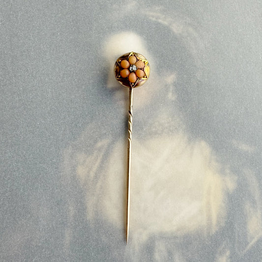 Victorian 9k Rose Gold Stick Pin with Coral and Diamond, Antique Flower Tie Pin, 19th Century Jewellery, Vintage 9ct Gold Lapel Pin Stickpin