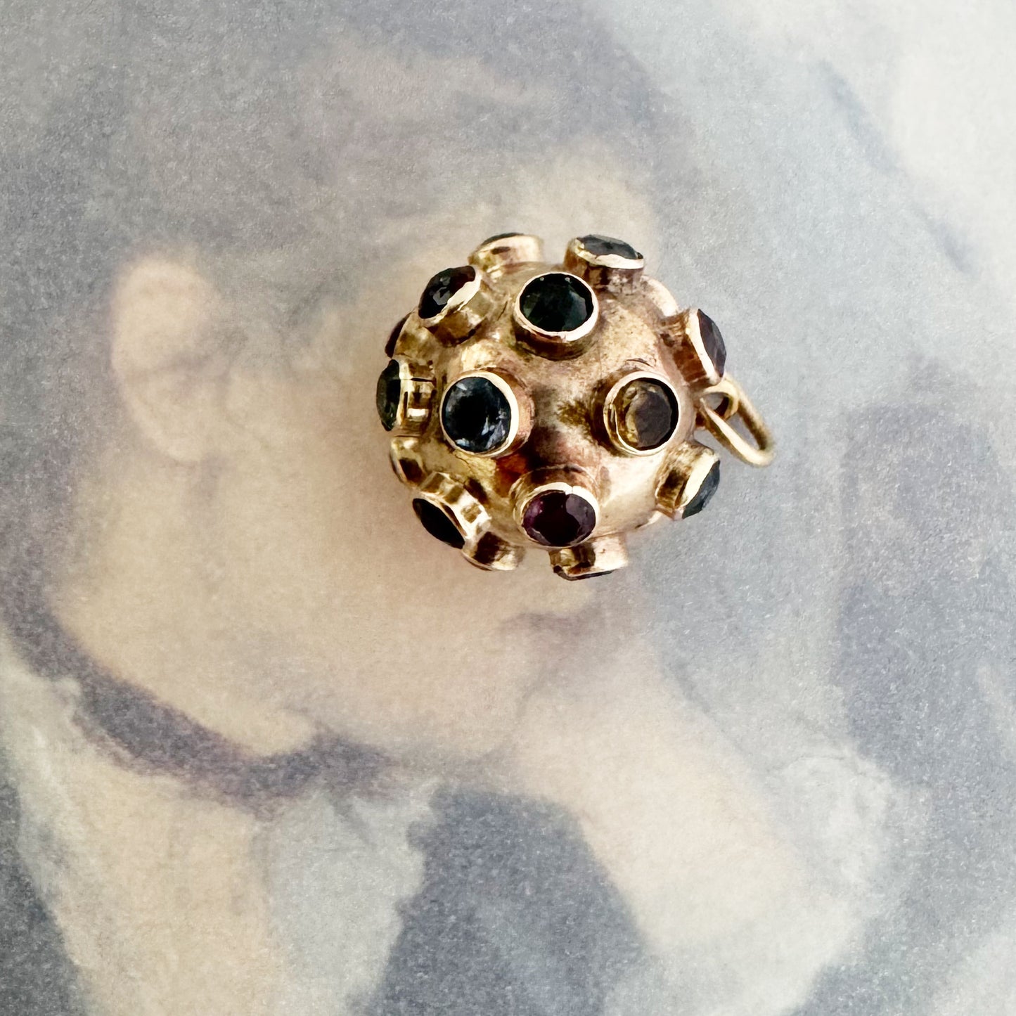 Vintage 14k Gold Sputnik Charm Pendant, Atomic Age Gemstone Orb, Mid Century Space Age Jewelry, Celestial Globe 1950s Modernist Pendant