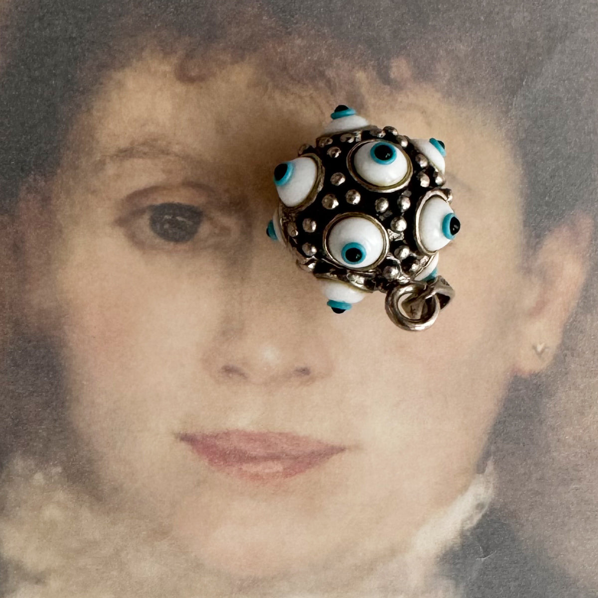 Vintage 925 Sterling Silver Multi Evil Eye Pendant, 12 Glass Nazar Eyes, Hollow Orb Protection Amulet, Unisex Jewelry