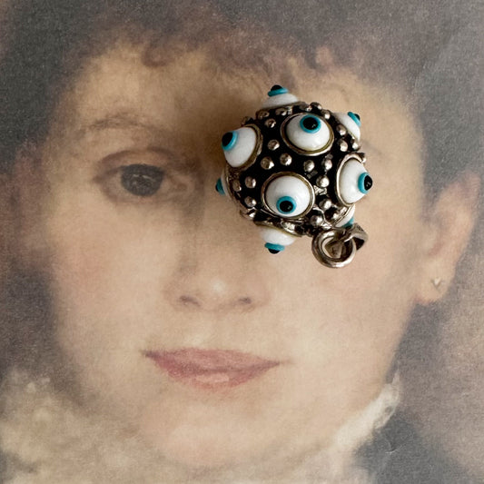 Vintage 925 Sterling Silver Multi Evil Eye Pendant, 12 Glass Nazar Eyes, Hollow Orb Protection Amulet, Unisex Jewelry