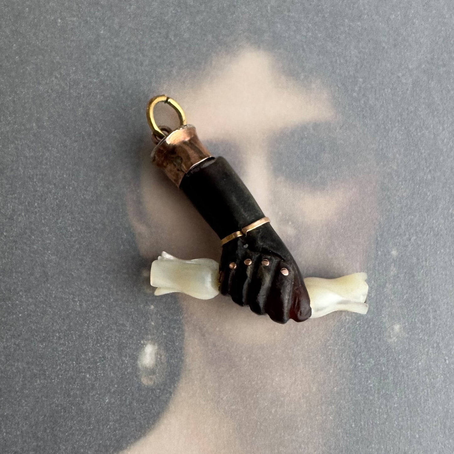 Antique Horn Figa Pendant, Victorian Mano Fico Charm, Mother of Pearl Rosebuds, Protective Amulet, Folk Talisman, Lucky Hand Charm