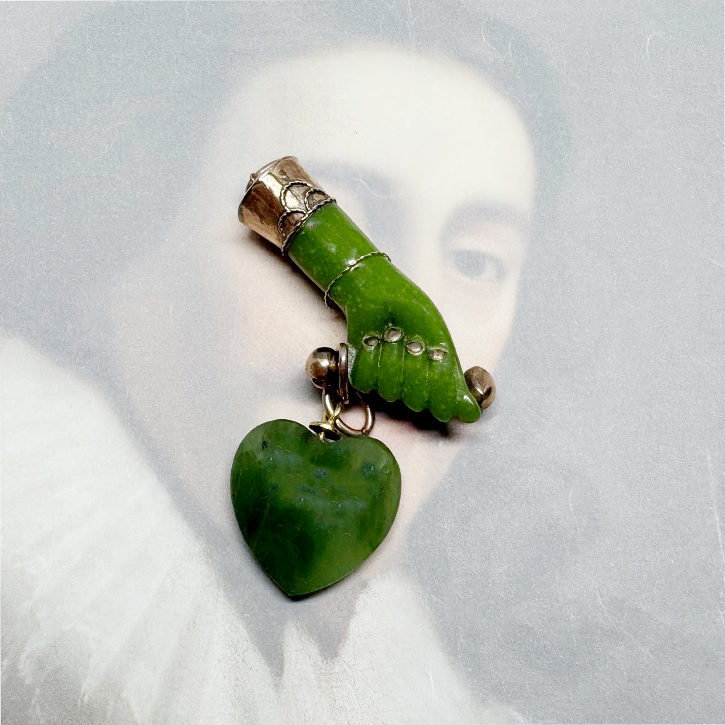 Vintage Green Figa Hand Pendant, Quartz Heart Charm, Resin Fist Amulet, Gold-Tone Mount, Lucky Protection Charm