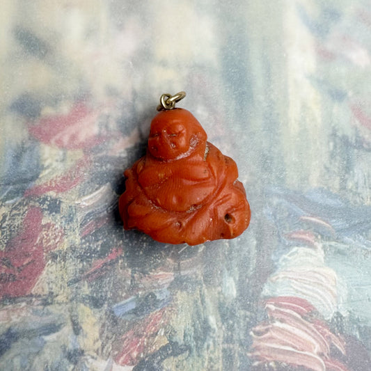 Vintage 14k Gold Coral Buddha Charm | 1950s Hand-Carved Salmon Coral Pendant | Midcentury Buddhist Amulet, Siddhartha Gautama