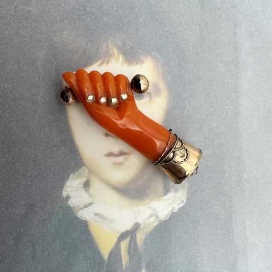 Antique 9k Rose Gold Galalith Figa Pendant, 9 ct Gold Orange Good Luck Charm, Mano Fico