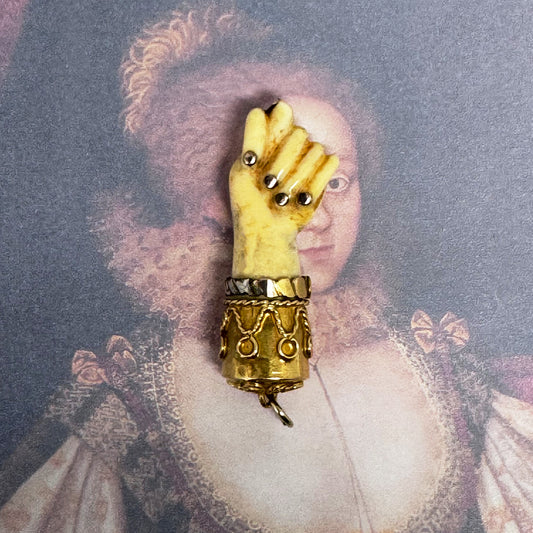 Antique Victorian Bone Figa Mano Fico Pendant, 18k Gold Mounted Hand Amulet, c.1800s Lucky Charm