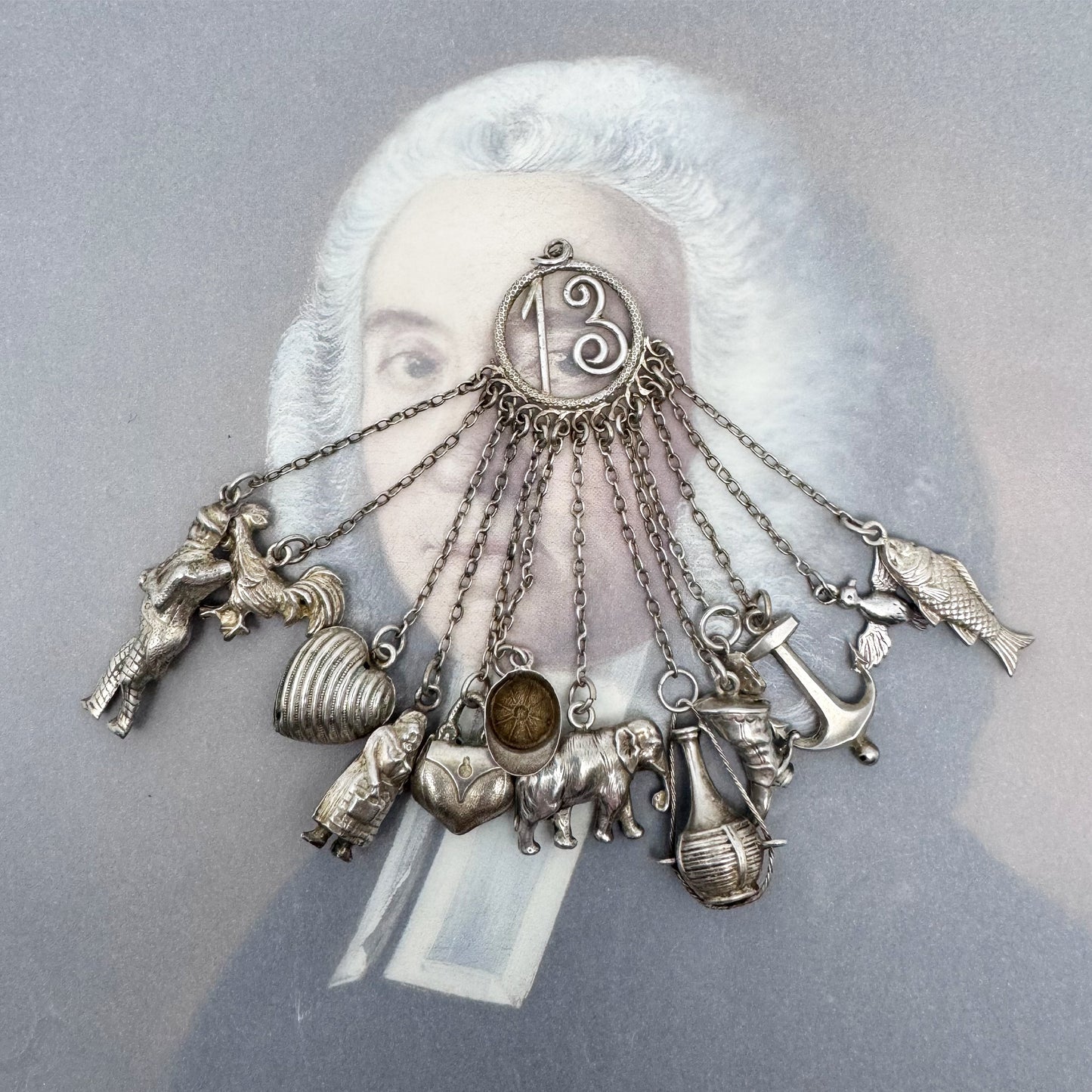 Vintage Silver Neapolitan Lucky Charm Pendant, 13 Talismans Italian Folk, Chatelaine