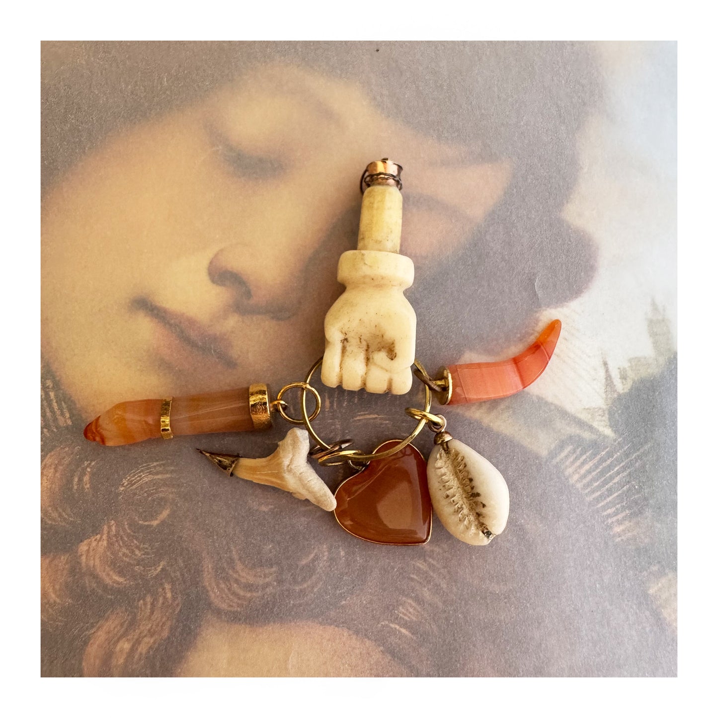 Vintage Bone Figa Talisman Pendant, Carnelian, Agate Pendant, Fist, Figa Charm, Cowrie Shel, Mano Fico, Amulet