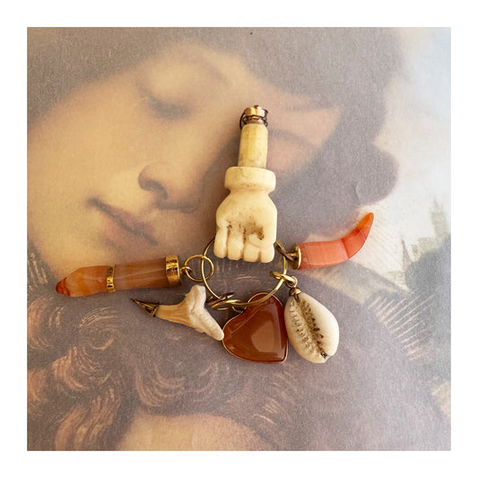 Vintage Bone Figa Talisman Pendant, Carnelian, Agate Pendant, Fist, Figa Charm, Cowrie Shel, Mano Fico, Amulet