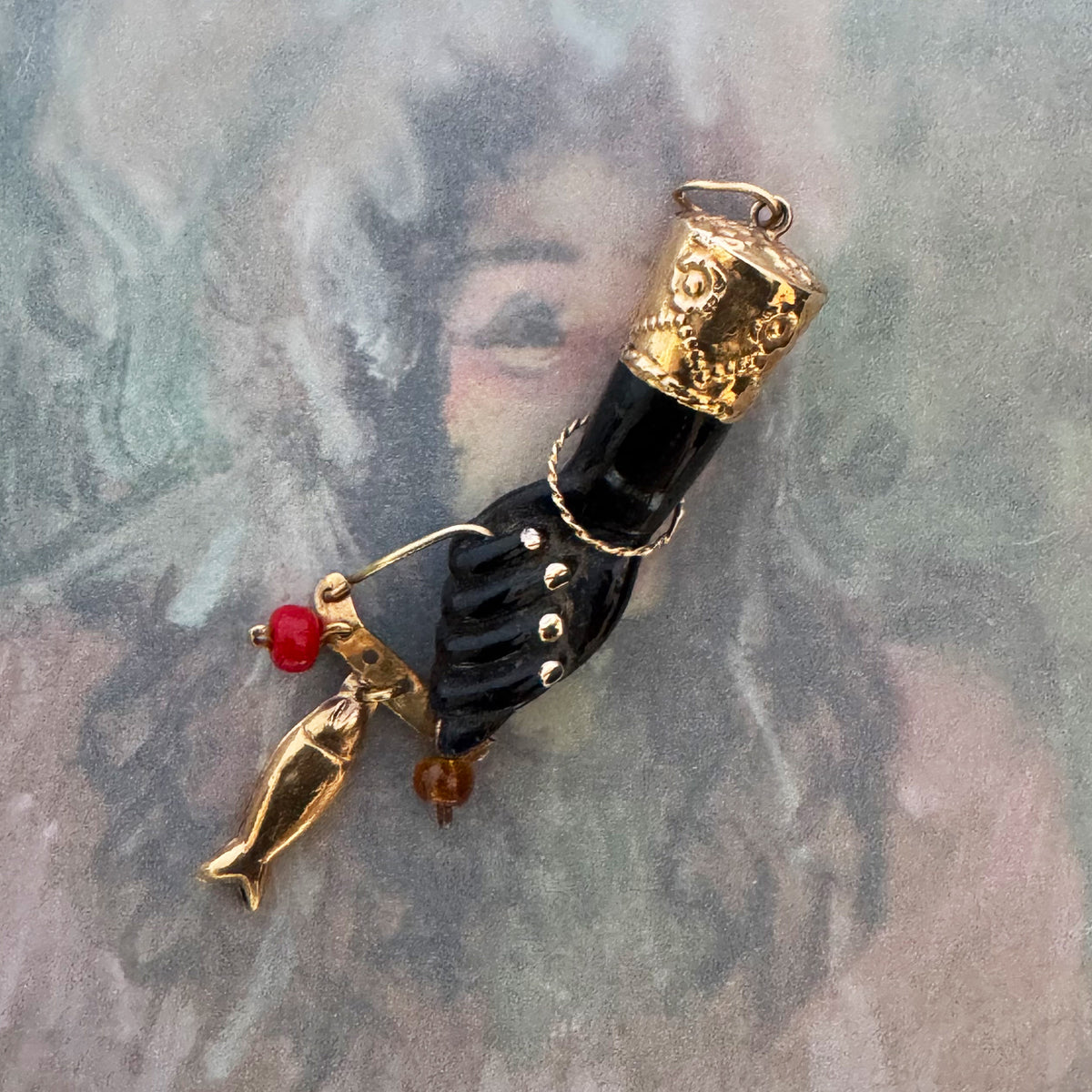 Antique 18K Gold & Stained Horn Figa Pendant, Mano Fico Lucky Charm, Fig Hand Amulet with Fish Charm, Italian Talisman, Victorian Pendant