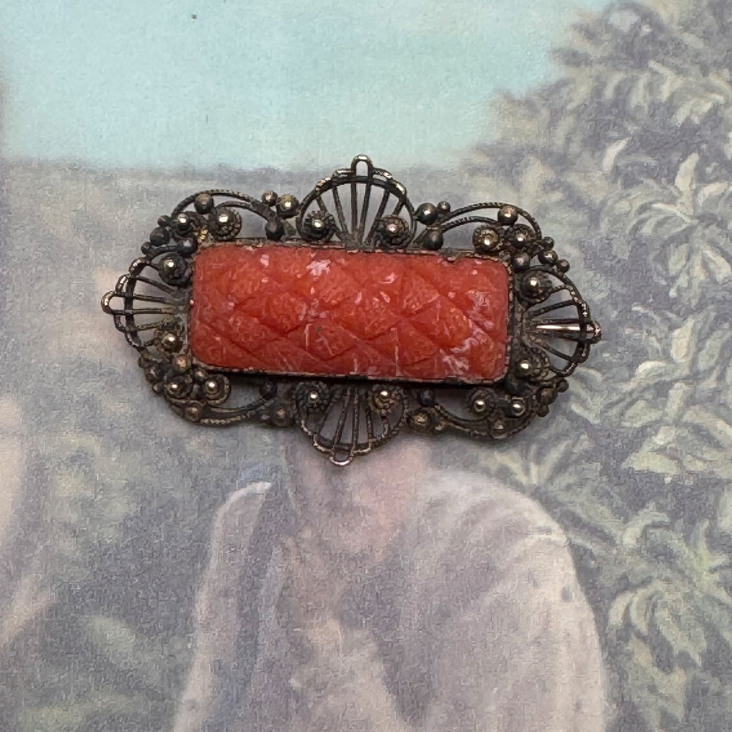 Georgian Coral Brooch 14K Gold Filigree Lace Pin, Hand Carved Natural Coral, Regency Fichu Pin, Antique Coral Jewellery, c.1820