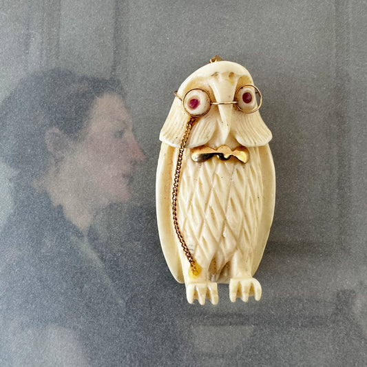 Vintage 14K Gold Owl Pendant With Glasses, Carved Bone Owl Charm, Ruby Eye Owl Necklace Pendant, Mid Century Novelty Jewellery, Wise Charm