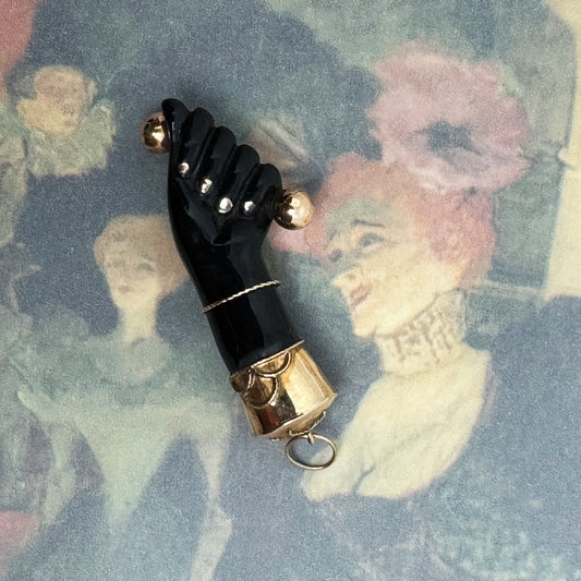 Antique 14k Gold Hand Charm Black Jet Mano Fico Victorian Amulet Figa Pendant