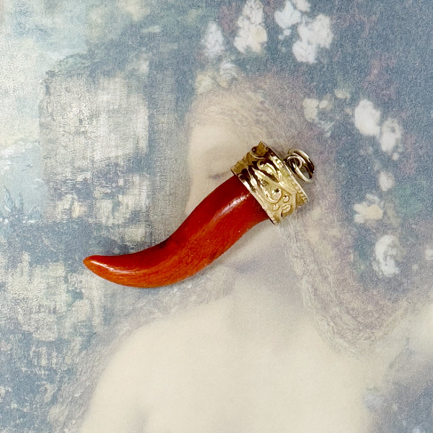 Antique 14k Rose Gold Coral Horn Pendant, 14 ct Gold Amulet, Mediterranean Coral, Natural Coral, Jewelry, Cornicello, Evil Eye, Corno Charm