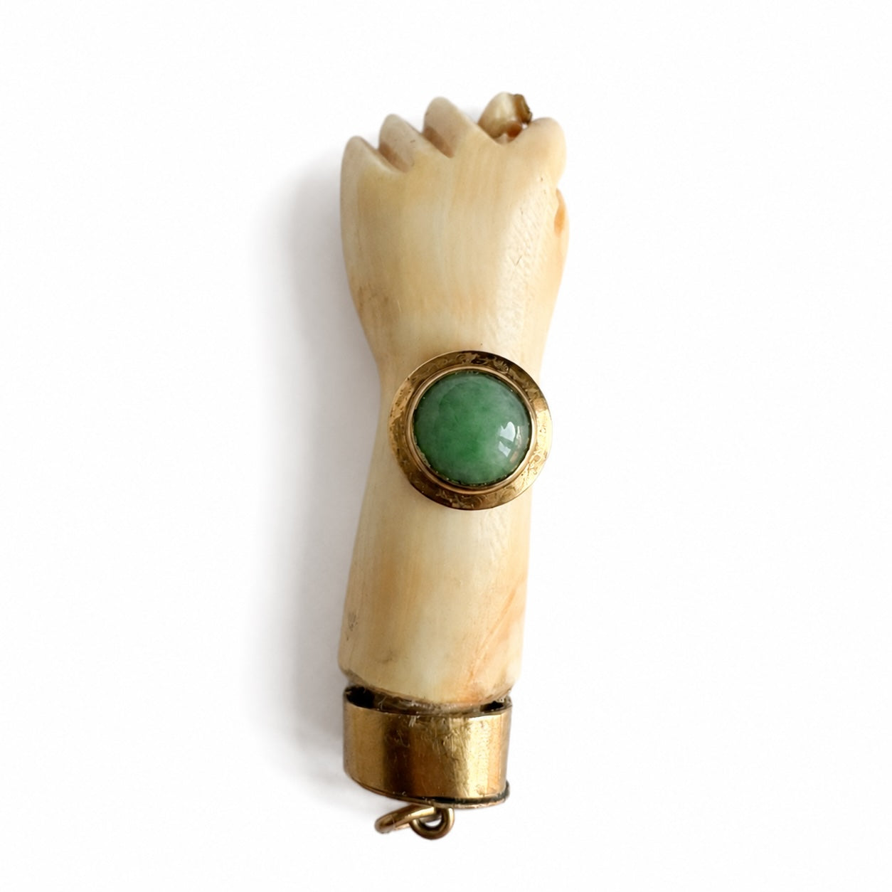 Antique 9K Gold Bone Figa Pendant, Mano Fico Hand Amulet, Lucky Charm, Green Cabochon, Evil Eye Talisman, Italian Fist Pendant