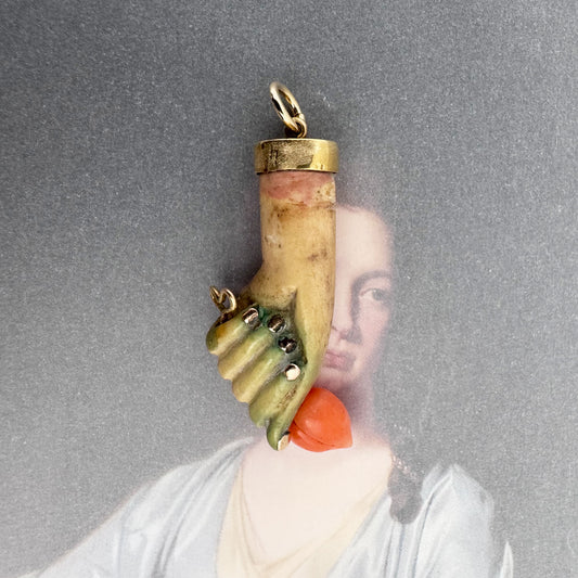 Victorian Bone Figa Pendant, 9k Gold & Coral, Mano Fico Amulet