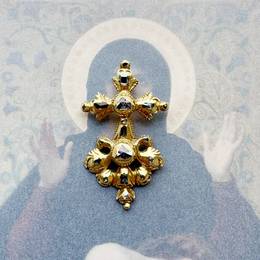 Antique 1700s 18k Gold Diamond Cross Pendant, Baroque, Spanish Colonial, Georgian Old Cut Diamond Cruciform, 18th Century Old Mine Diamonds