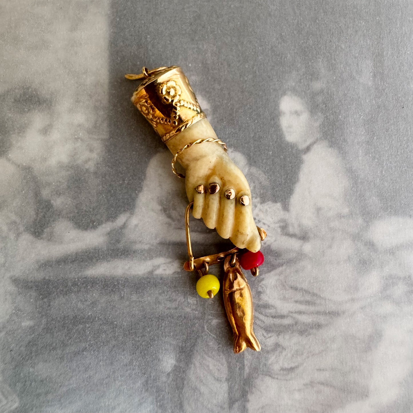 Antique 14k Gold Mano Figa Pendant: Victorian Bone Charm with Fish, Hand Pendant, Lucky Charm
