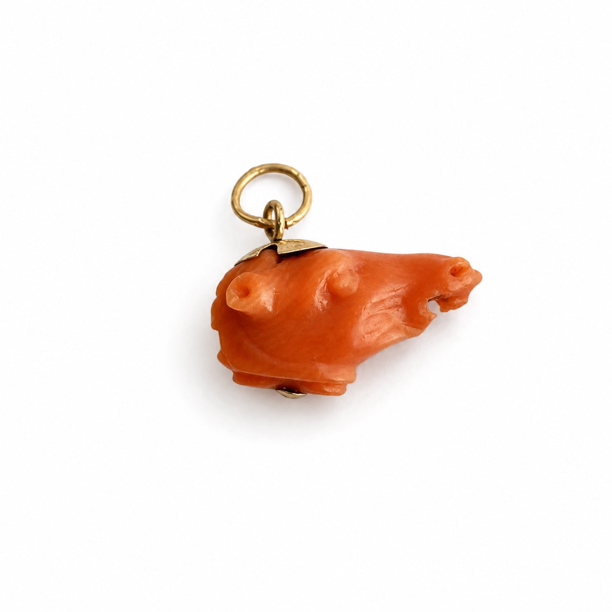 Antique 14k Coral Pig Head Lucky Charm, Victorian Wild Boar Miniature Face, Natural Mediterranean Coral, Animal Pendant, 14 ct Gold