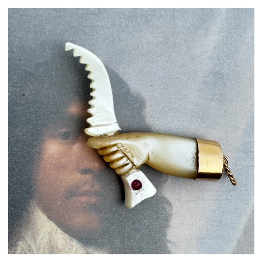 Antique 18k Gold Mother of Pearl Figa Charm with Knife, Mano Fico Talisman, Evil Eye Protection Pendant, c.1900