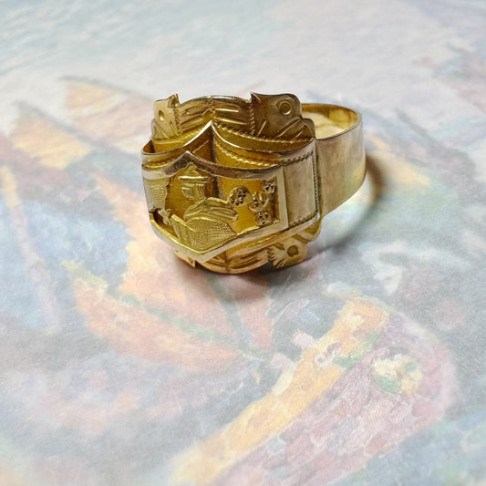 Vintage 18k Gold Storyteller Band Ring, 1940s Asian Silhouette, Antique Layered Gold Ring, Unique Profile Design, Solid Gold Statement Piece