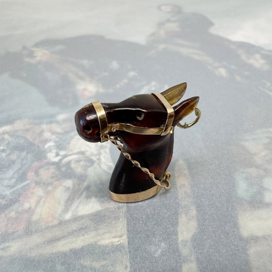 Vintage Horse Head Charm Pendant, Stained Horn & 14k Gold, Equestrian Jewellery, Mid Century Animal Talisman, Antique Style Gold Charm
