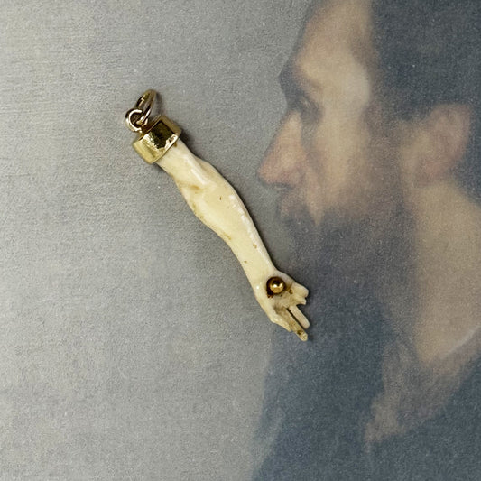 Antique 18K Gold Bone Arm Pendant, Victorian Hand Pendant, Stigmata Pierced Nail, 1800 Figa Charm, Christ, Anatomy, Body Part