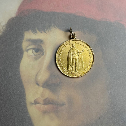 Antique 21k Solid Gold Hungarian 20 Korona Coin Charm, 21 ct Gold Coin Franz Joseph I Coin Pendant, Hungary  1896 Gold Coin Charm, 7.0 grams