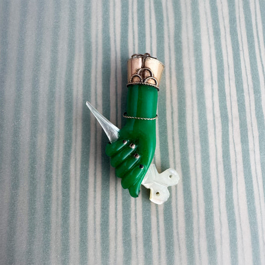 Vintage 14k Gold Green Figa Pendant, Mano Fico Lucky Charm, Mother of Pearl Scissors Charm, Protective Hand Amulet, 1950s Jewellery