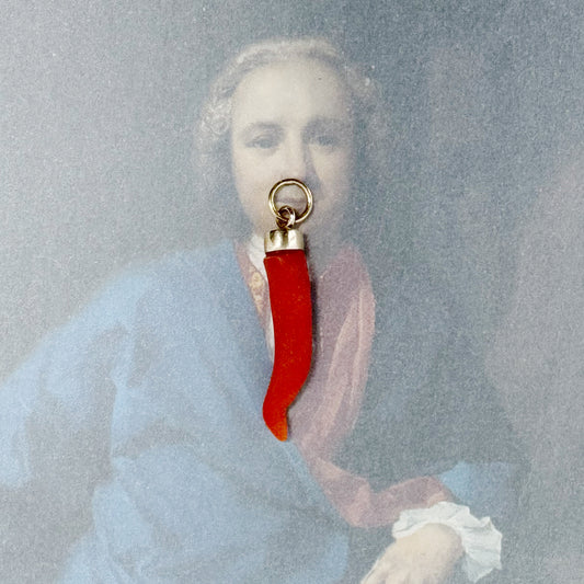 Antique Mediterranean Coral Cornicello Pendant in 14k Gold, Italian Lucky Horn Amulet Charm, Vintage Talisman Pendant