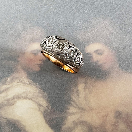 Antique Art Deco 18k gold diamond ring, 5.6 grams, Five Diamonds Ring, Halo Wedding Band Ring, 1940s Gold Ring, Gift For Her, Bride Ring