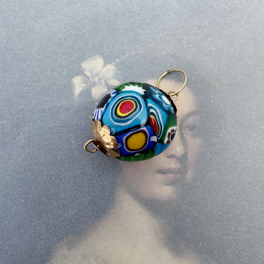 Antique 18k Gold Millefiori Glass Ball Charm Pendant , 18 ct Gold Caps, Italian Mosaic Glass